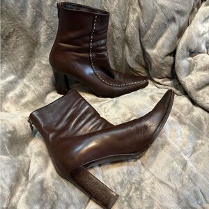 Vintage Prada Dark Brown Heeled Boots with white stitching size 38